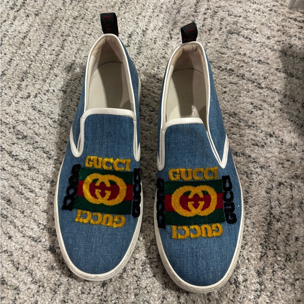 Gucci Blue Denim Slip-On Shoes with Logo